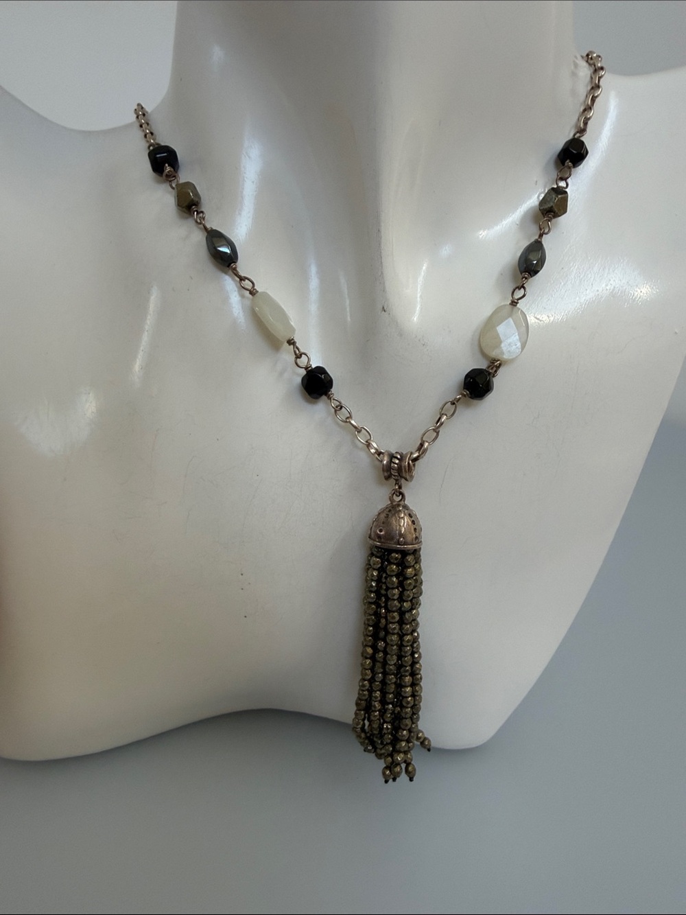 Silpada 925 Sterling Silver Olive, Onyx Black and Cream Tassel Necklace